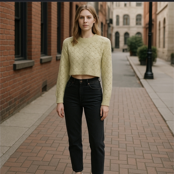 Zara Sweaters - Zara Pale Green w/ Yellow & Black Metallic Threads Cropped Sweater